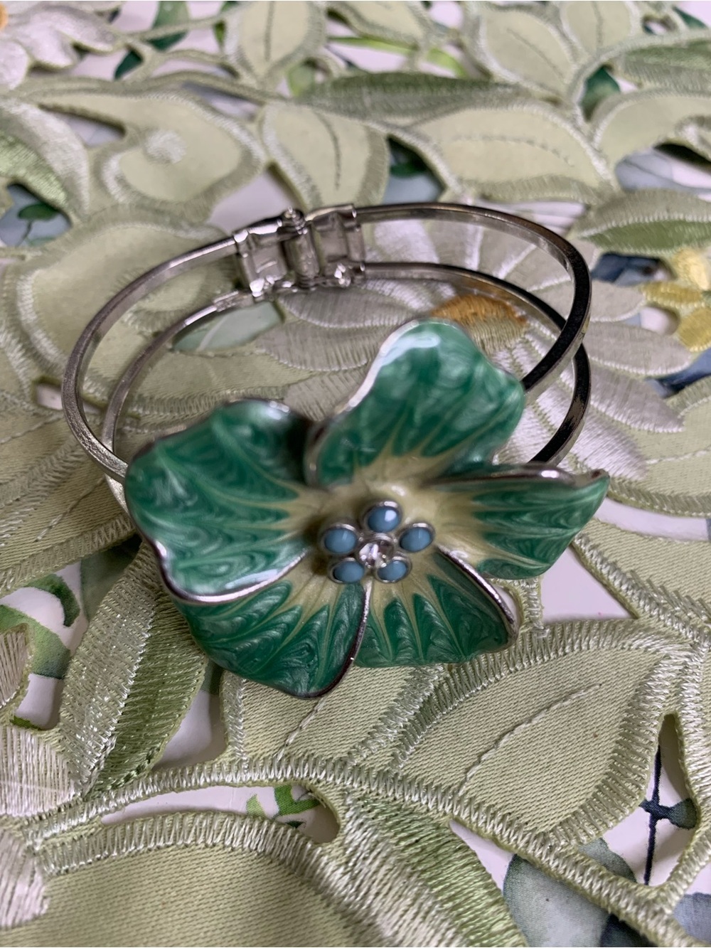 Green Floral Enamel Bracelet with Crystal Accent